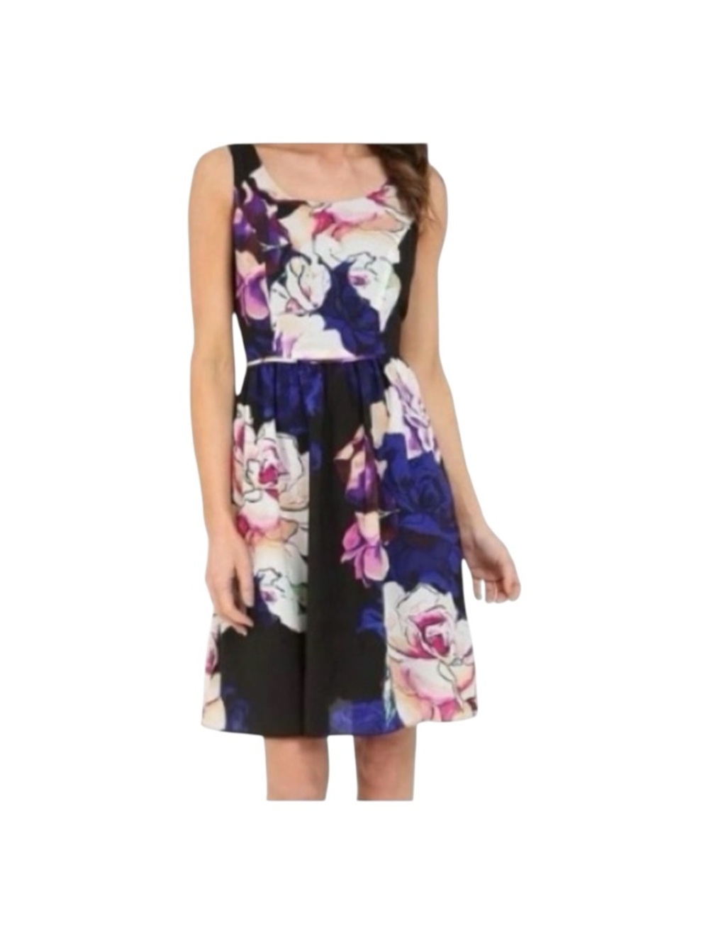 Adrianna Papell.  Women’s Navy Floral Round Neck Sleeveless Midi  Dress 8